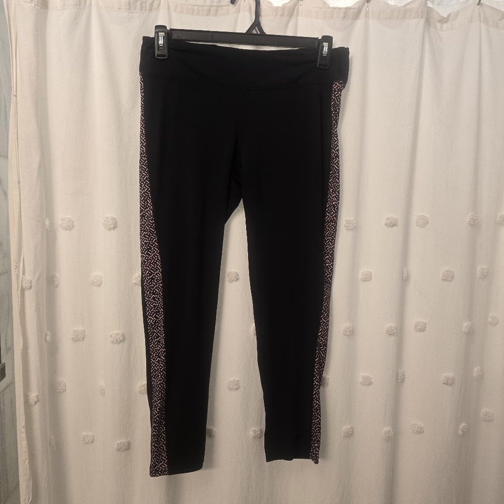 Gap Fit Black Leggings with Patterned Side Stripes Size Large